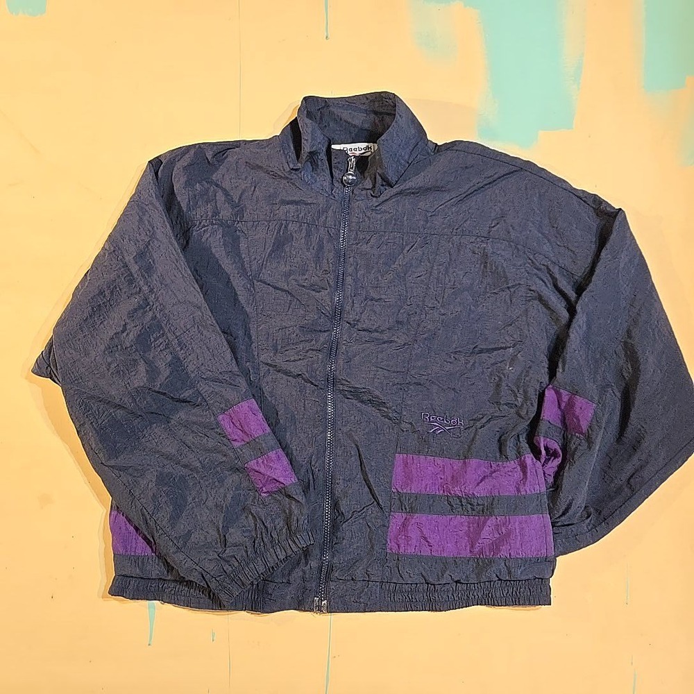 VTG Reebok L Windbreaker Navy Purple Stripe Block 80s 90s Full Zip Korea Crinkle